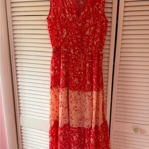 Anne Klein Tiered Red Floral Maxi Dress - Sleeveless V-Neck